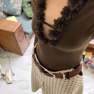 Cream Polka Dot Midi Skirt with Pleat